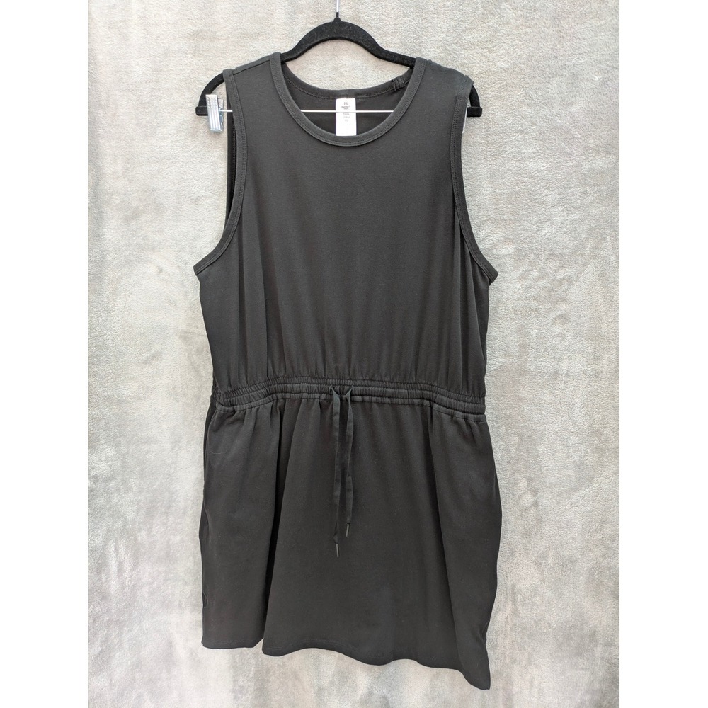 Sleeveless Black Tank Dress Womens XL Drawstring Waist Pockets Minimalist Casual